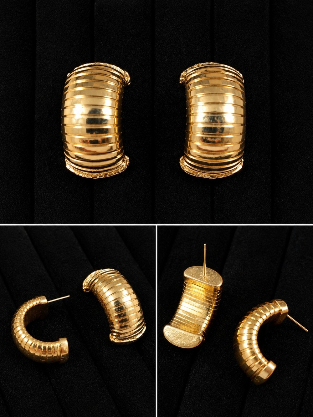 Vintage 1980s Oversized Gold Tone Ribbed Chunky Hoop Statement Pierced Earrings